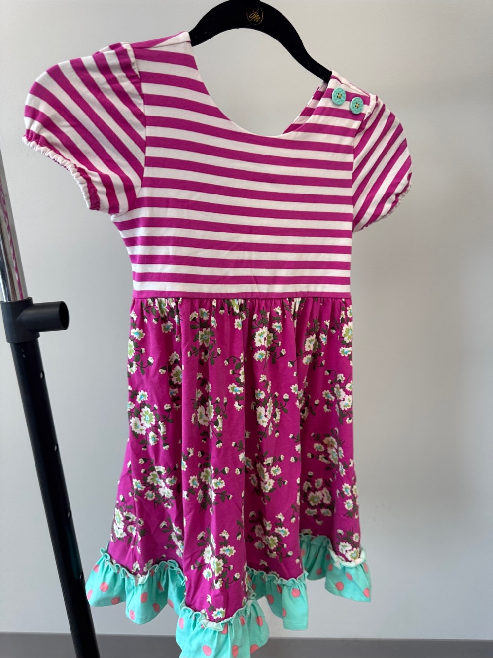 Matilda Jane Pink Striped and Floral Dress with Aqua Ruffle